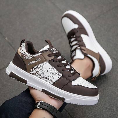 Zapatillas casuales planas con cordones y bloques de color para hombres, zapatos planos de pareja cómodos con estampado de impresión aleatoria y versátil para la calle
