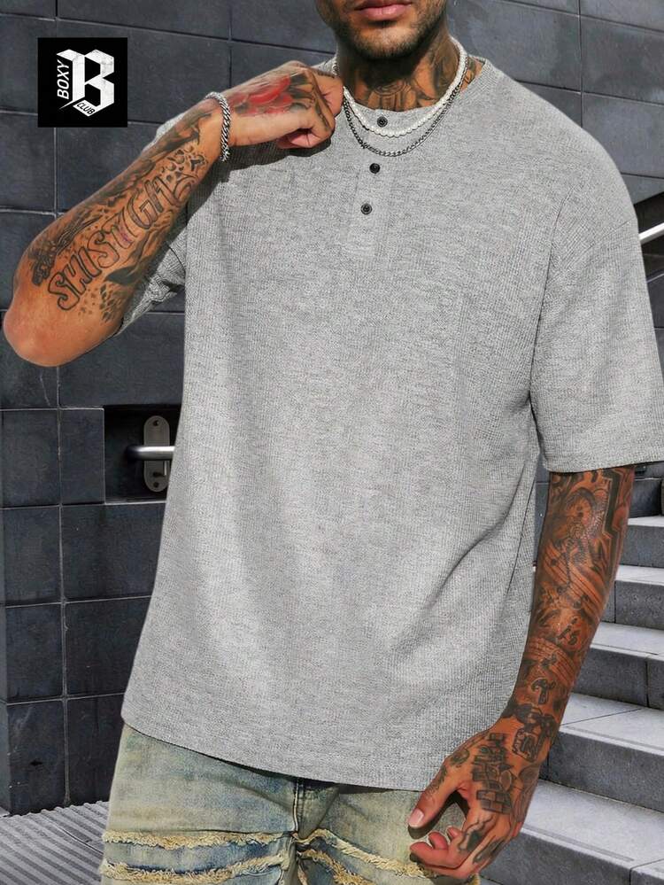 1 Peça Camisa Polo de Manga Curta com Gola Henley Cinza para Homens, Camiseta com Botão de Prega, Textura de Waffle, Lavável em Máquina, Estilo Casual Americano de Rua, Adequado para Uso Diário, Transporte e Lazer no Verão - Cinza - Visão 5
