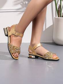 儿童金色水钻凉鞋，女童夏季低跟休闲鞋 - 金色 - 查看 2