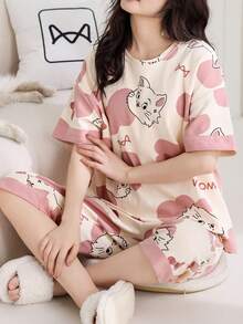 AICJ 2件套 女童休闲可爱卡通猫字母印花粉色上衣，七分裤短裤睡衣套装，春夏家居服派对假日睡衣套装 - 彩色 - 查看 6