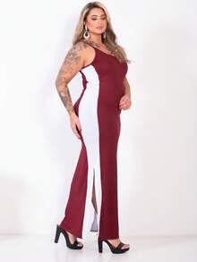 Plus Size Curvy Style Strappy Dress With Thin Straps, Side Slit, Ribbed Fabric, Extra Large, Long, Elastane, For Formal Parties And Maternity Wear. - Burgundy - View 4