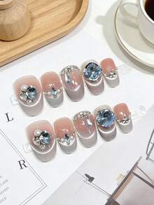 10 PCS Handmade Press On Nails Nude Pink Gradient With Rhinestones Glitter False Nails For Women Daily - Multicolor - View 4