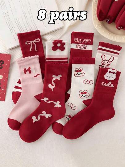 8/4 双装红色儿童中筒袜，可爱兔子卡通图案，适合春、秋、冬季穿着