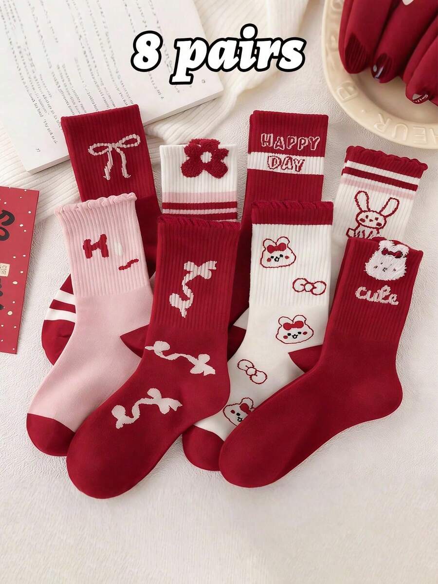 8/4 双装红色儿童中筒袜，可爱兔子卡通图案，适合春、秋、冬季穿着 - 彩色 - 查看 1