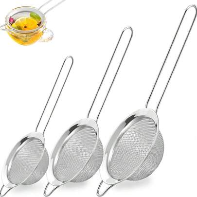 1 Or 3 Stainless Steel Strainers/Sifters With Mesh And Sturdy Handles. Available In Small, Medium, And Large Sizes. Perfect For Straining Dry Ingredients, Flour, Pasta, Rice, And Tea. Suitable For Kitchen Use, Juicing, Quinoa, Food Preparation, And Baking.
