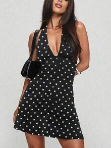 性感时尚深V领吊带露背波点印花波西米亚风迷你连衣裙，适合春夏度假穿着，波点图案，连衣裙，女士派对礼服，优雅 - 黑色 - 查看 6