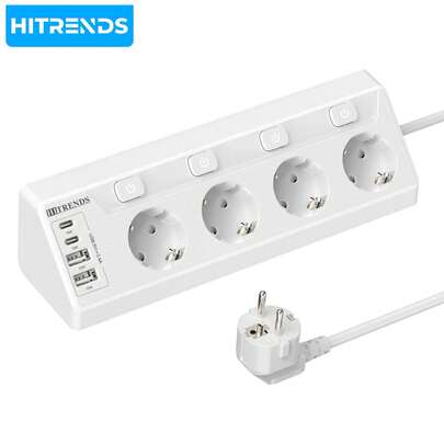  HITRENDS 8-In-1 Smart Corner Power Strip 4 AC Ports + 2 USB Ports + 2 Type-C Fast Chargers. German Standard. With An Independent Switch. Fire-Resistant Material. Installation Without Drilling. 90° Design For Space Saving. Desktop Cable Management Tool. Essential Expansion Socket For Home Office.