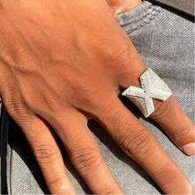 Men's X-Letter Ring, Platinum Plated Cubic Zirconia, Exaggerated Hip Hop Ring, Punk Rap Jewelry - White Gold - View 5
