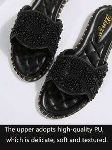 2025 Neue französische Kristall-verzierte quadratische Zehenflattsandalen für Frauen, elegante Slip-On, geeignet für Kleider, Frühling/Sommer/Herbst - Schwarz - Übersicht 9