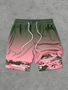 男士渐变色抽绳腰带休闲度假沙滩短裤，带内袋 - 彩色 - 查看 3