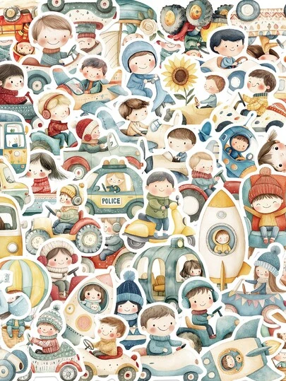 50张交通工具贴纸 汽车 摩托车 自行车 创意卡通 趣味装饰 手账 手机壳 笔记本 平板电脑 滑板 吉他 信封 装饰贴纸