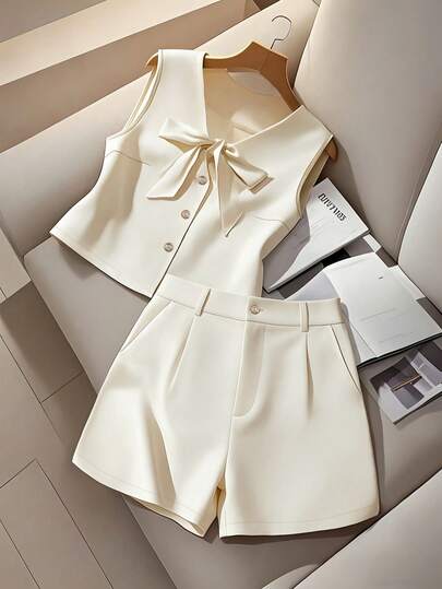 Bộ đồ 2 món dành cho nữ, màu trơn, thanh lịch, cổ chữ V, thắt nơ phía trước, gồm áo crop top và quần short xếp ly dáng chữ A.