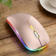 Ratón inalámbrico, ratón inalámbrico recargable 2.4G, ratón óptico con cambio de color de 7 colores, diseño ergonómico, superficie curva, compatible con Bluetooth, cómodo de sostener, ambidiestro, adecuado para juegos, trabajo de oficina y entretenimiento, fácil de transportar para computadoras portátiles y de escritorio. - Oro rosa - Ver 3