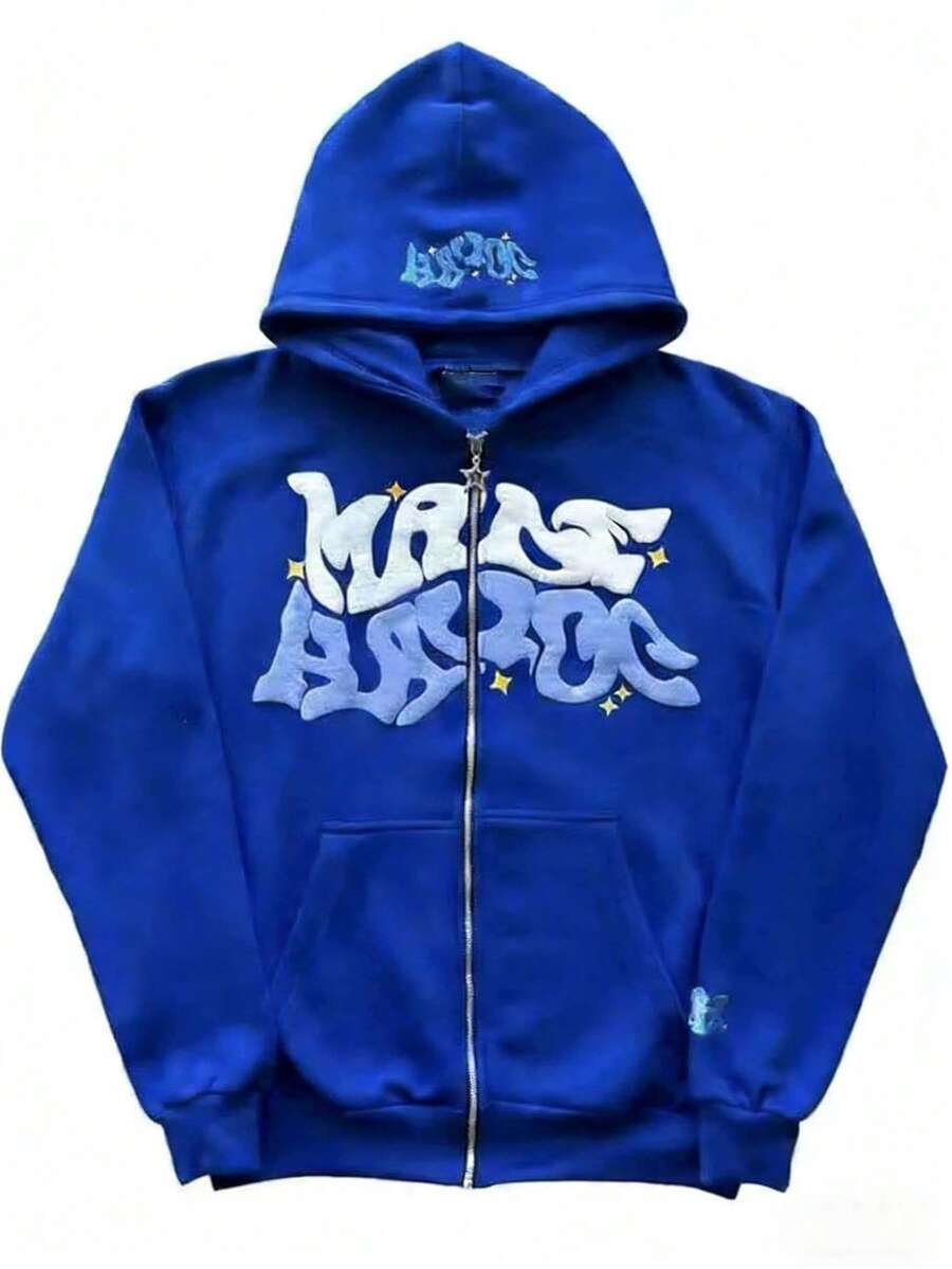 Y2K Retro Star And Letter Printed Zipper Hoodies,Spring Autumn Harajuku Y2K Women And Men Fashion Hip Hop Long Sleeve Hooded ,Avant-Garde - Street Casual Spring/Fall Loose Zipper Pocket Patched,Autumn And Winter Gothic Coat - 藍色 - 查看 1