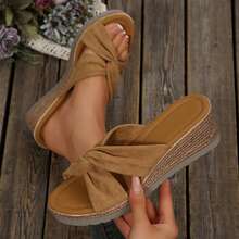 Summer Travel Companion Platform Sandals Women's Sandals Bow-Knot Flats Wear-Resistant Beach Slippers Shoes Wedges Heels Outdoor Beach Walking - 卡其色 - 查看 1
