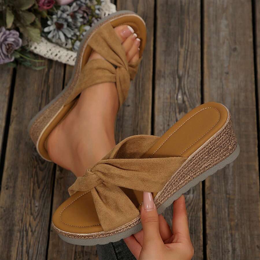 Summer Travel Companion Platform Sandals Women's Sandals Bow-Knot Flats Wear-Resistant Beach Slippers Shoes Wedges Heels Outdoor Beach Walking - 卡其色 - 查看 1