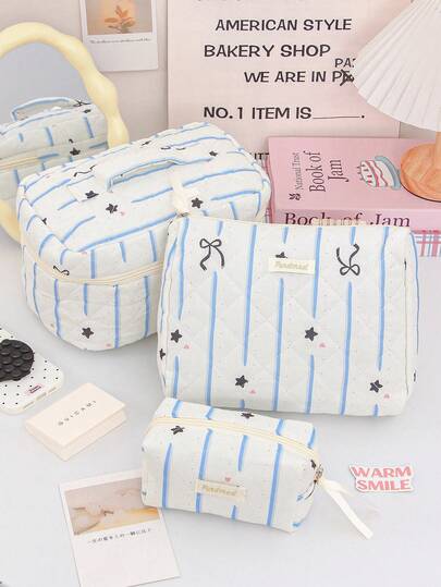 1 pieza/Set Bolsa de maquillaje acolchada con estampado de lazo y estrella, bolsa de viaje multifuncional con cremallera para cosméticos, cuidado de la piel, crema de manos, aceite labial, esmalte de uñas, pinzas para el cabello, monedas y artículos pequeños. Bolsa de cosméticos, bolsa de maquillaje, organizador de cosméticos, bolsa de aseo, bolsa de viaje, regalo para amigos, regalo de cumpleaños, regalo para damas de honor, regalo para mamá, regalo para maestros, regalo del Día de San Valentín, artículos esenciales de viaje, artículos esenciales de crucero, artículos esenciales para dormitorio, decoración del hogar, decoración de la habitación