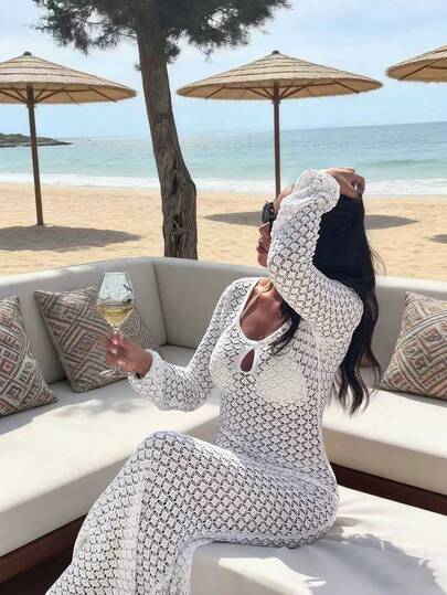 Women's New Crew Neck Long Sleeve Ribbed Cuffed Semi-Sheer Slim-Fit Pullover, Fashionable Casual Vacation Beach Party Knit Sweater Dress, Spring And Summer