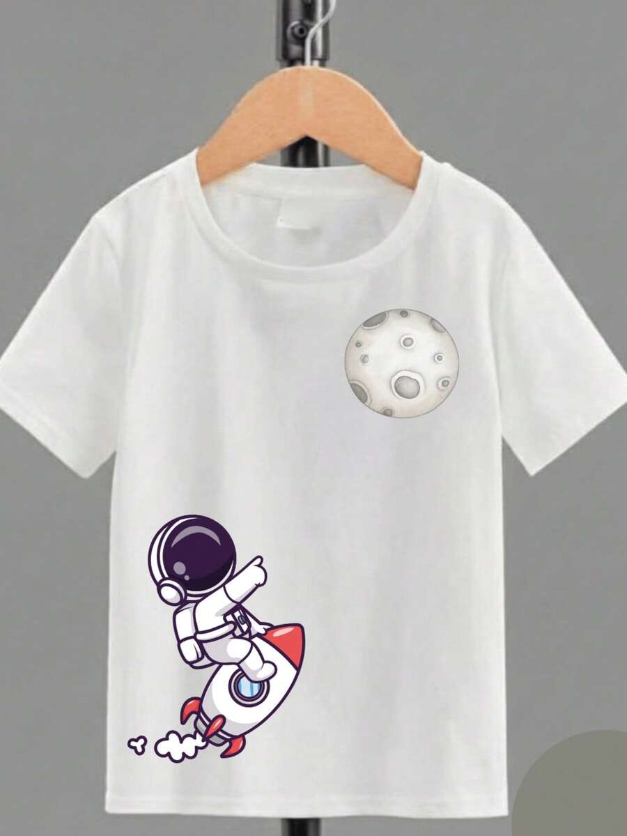 Camiseta Infantil Básica Algodão Estampa Foguete Volta Aulas