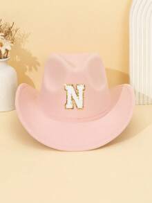 1pc Unisex Children's Letter Decor Pink Felt Brimmed Hat, 26 Letters Available, American Western Cowboy Style, Outdoor Casual Sun Hat For All Seasons, Suitable For Daily Wear, Parties, Outdoor Activities, Children's Gift - Pink - View 29