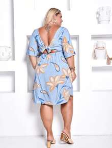 Women's Plus Size Printed Midi Short Dress - Azul BB Flor - View 2