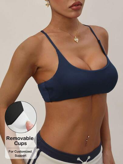 Women's Solid Color Round Neck Removable Padded Criss-Cross Strap Fashionable Sexy Sports Knit Bra