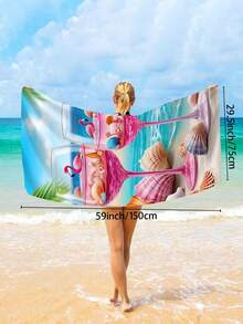 1pc Flamingo & Seashell Print Oversized Quick-Dry Absorbent Beach Towel, Soft Microfiber Towel For Beach, Swimming, Yoga, Camping, Lightweight And Portable, Suitable For Summer Travel, Beach Decor, And Holiday Gift - Wine Glass Shell - View 7