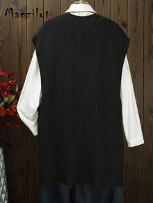 Plus Size Women Loose Fit Comfortable V-Neck Casual Knitted Vest - Black - View 2