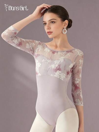 DonsGirl 女士芭蕾舞紧身衣，优雅舞蹈服，饰有3D蝴蝶和花卉网纱，七分袖
