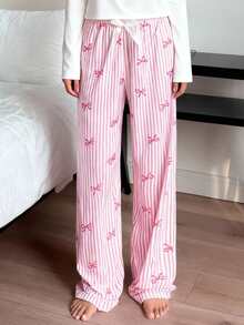 春夏新款甜美蝴蝶结条纹印花透气家居裤，女士宽松柔软睡衣 - 彩色 - 查看 5