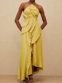 Women's Boho Halter Backless Maxi Dress Sleeveless High Waist Ruffled Party Prom Evening Dresses - 黃色 - 查看 2