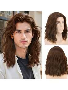 男士14英寸长波浪卷发假发 - 200克高密度耐热合成纤维，黑色和棕色可选，含假发帽，适合日常佩戴、角色扮演、万圣节和化装舞会等场合 - 彩色 - 查看 2