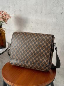 HOVI'S Men Crossbody Bag Brown Black Monogram PU Leather - Flip Cover Snap Button & Zipper Pocket Adjustable Shoulder Strap Large Capacity Fits Tablet & Phone Business Casual New Year Gift Valentine's Day Gift - Brown - View 5