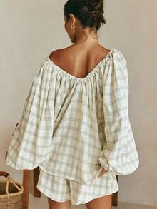 Women Plaid Outfit, Long Sleeve Tie-Up Crew Neck T-Shirt With Elastic Waist Shorts Summer Outfit - 綠色 - 查看 4