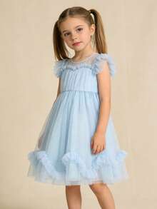 mini bala 女童A字连衣裙，飘逸网纱袖，高腰设计，甜美公主风 - 藍色 - 查看 2