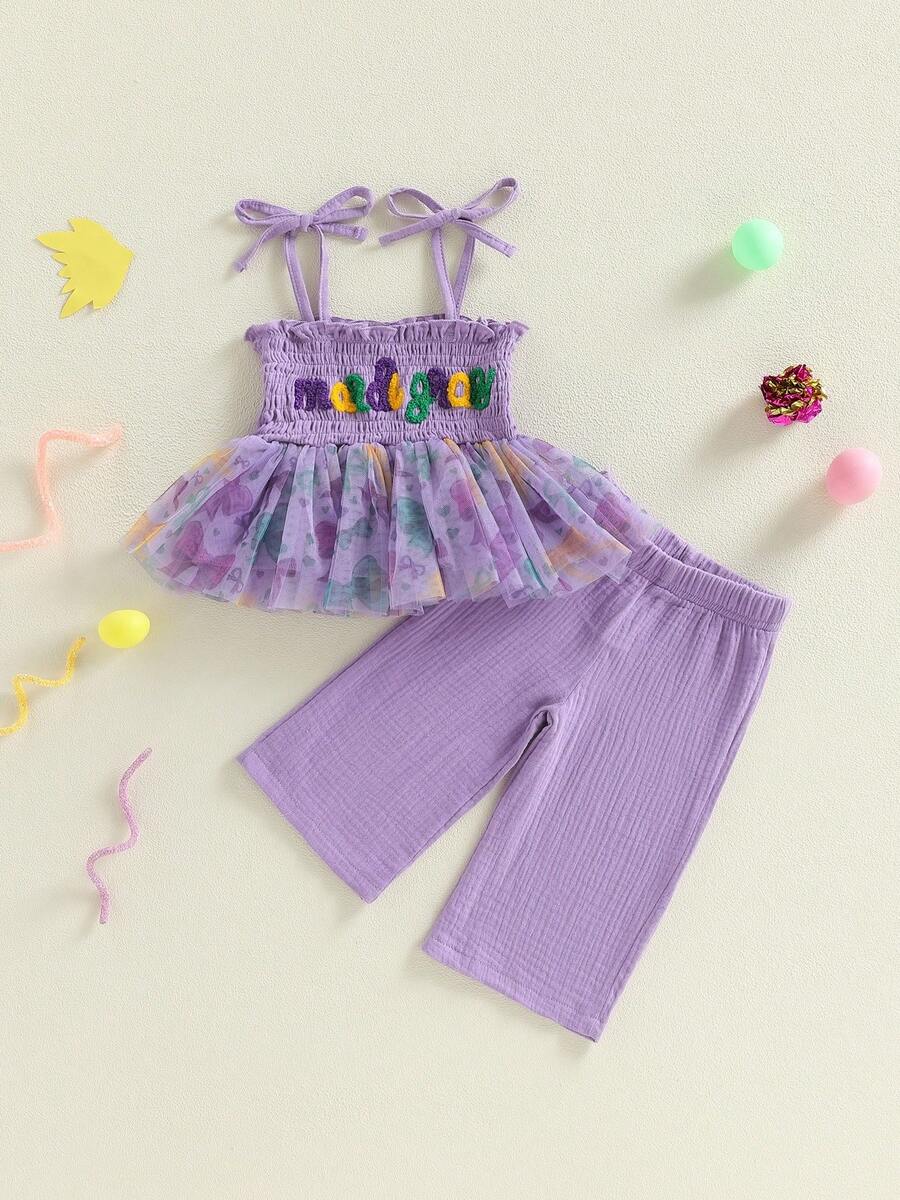 Conjunto de 2 piezas de ropa para niña con estampado de letras bordadas y dobladillo de tul, sin mangas, camisola, pantalones con cintura elástica - Morado - Ver 1