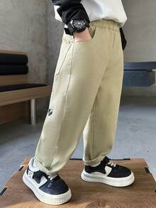 Young Boy Loose Fit Casual Cartoon Embroidered Denim Jeans, All Season - Apricot - View 9