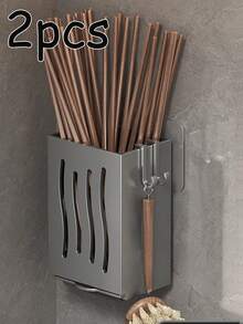 1pc Multi-Function Kitchen Chopstick Holder Organizer, Wall-Mounted Chopstick Drainer Rack, Household Kitchen Utensil Storage Rack, Home Organization Supplies, Kitchen Accessories - Grey - View 12