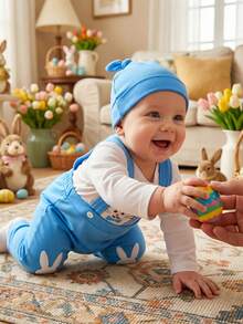 Baby Boy First Easter Outfit Bunny Long Sleeve Romper Suspender Pants And Knot Hat 3 Piece Spring Set - Blue - View 6