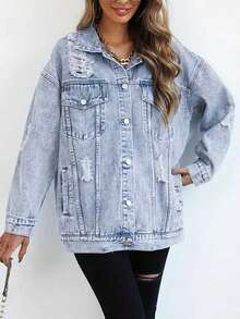 Women's Distressed Button Front Denim Jacket, Long Sleeve, Casual Regular Fit - Light Wash - View 4