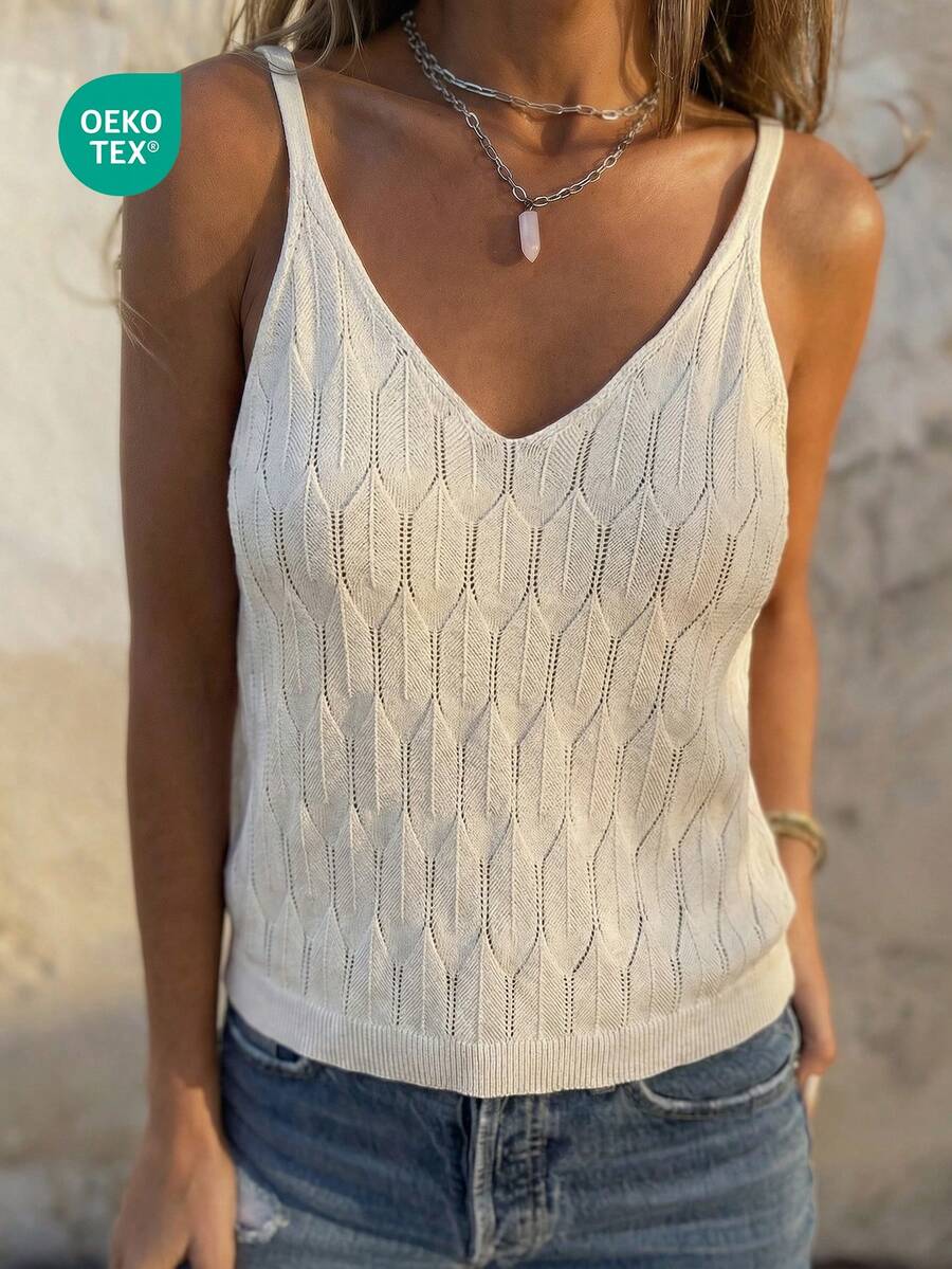 Women Simple Solid Color Sheer Mesh Texture Knitted Tank Top, For Daily Wear, Summer - Milky White - View 1