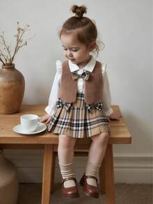 Baby Girls' Cute Solid Color Lapel Ruffle Long Sleeve Button-Up Shirt, Plaid Bow Decor Skirt, Fluffy Vest 3-Piece Outfit Set, Suitable For Everyday Outings In Spring And Autumn - Multicolor - View 4