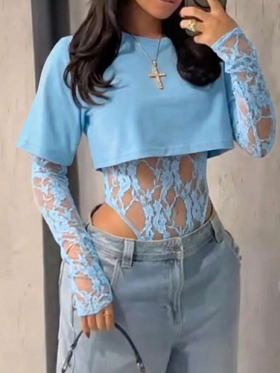 女士性感透视蕾丝短袖露脐上衣，性感透视连体衣，纯色蕾丝拼接透视性感休闲装，适合约会、单身派对、舞台和演唱会等场合，春夏优雅款