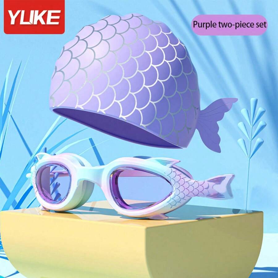 2pcs Kids Swimming Goggles + Swimming Cap Set, Anti-Fog Small Frame Swim Mask For Training, Diving, Professional Waterproof Equipment - Purple - View 1