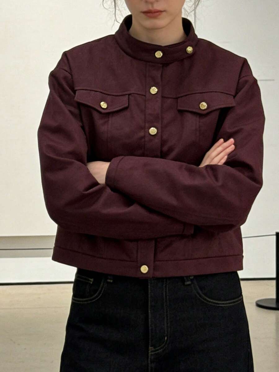 Fashionable Stand-Up Collar Long-Sleeved Jacket, Decorative Cover, Front And Center Buttons, Soft And Comfortable, Suitable For Spring And Autumn Seasons;Cropped Collared Single-Breasted Utility Jacket: Pocket Details For Casual Wear;For Texture Enthusiasts! Short Utility Jacket With Lapel + Pockets, Soft And Drapey Fabric, Suitable For Both Commuting And Going Out - 紫色 - 查看 1