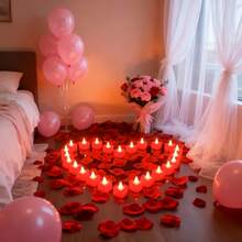 Valentine's Day Heart-Shaped Candle Light (24-Pack) Features LED Twinkling Candle Effects, Creating A Soft And Romantic Atmosphere. Contains 300 Rose Petals, Which Can Be Scattered Freely To Create Creative Decorations. Perfect For Birthdays, Proposals, Declarations Of Love, And Other Occasions, Easily Brightening Parties, Dates, Or Your Home. - 300花瓣+24心型蠟燭 - 查看 3
