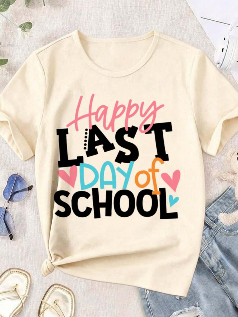 Regreso A Clases Divertido Camiseta Gráfica Happy Last Day Of School, Playera Divertida Para El Día De La Escuela, Para El Profesor, Para El Día De Los Maestros, Para La Vida Del Profesor, Camisetas Casuales - Albaricoque - Ver 1