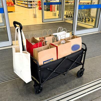 Black Outdoor Wagon Cart Foldable With Adjustable Handle - All Terrain Grocery Shopping Trolley, Perfect For Summer Beach Trips & Picnics