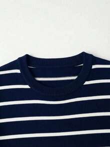 GRDR Jersey de punto de cuello redondo de manga corta con rayas minimalista básico para hombre, primavera/verano - Negro - Ver 3