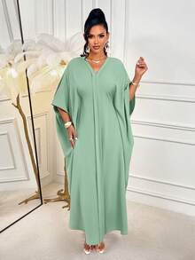 Amarilo 女士春夏优雅V领连衣裙，荷叶袖宽松蝙蝠袖下摆，适合各种节日穿着 - 豆綠色 - 查看 4